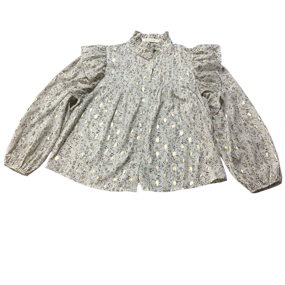 bishop + young Cream and Black Floral Print Long Sleeve Ruffle Blouse - Picture 3 of 9